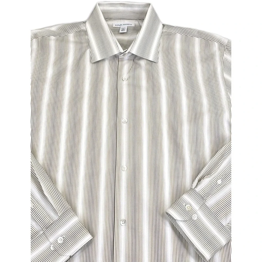 Banana Republic Mens Large Vertical Brown Striped Non Iron Slim Fit Dress Shirt